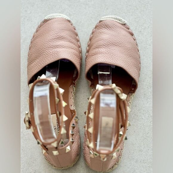 Valentino Garavani Rockstud Pink Leather Espadrille Ankle Wrap Flats Size 37 - Picture 5 of 13